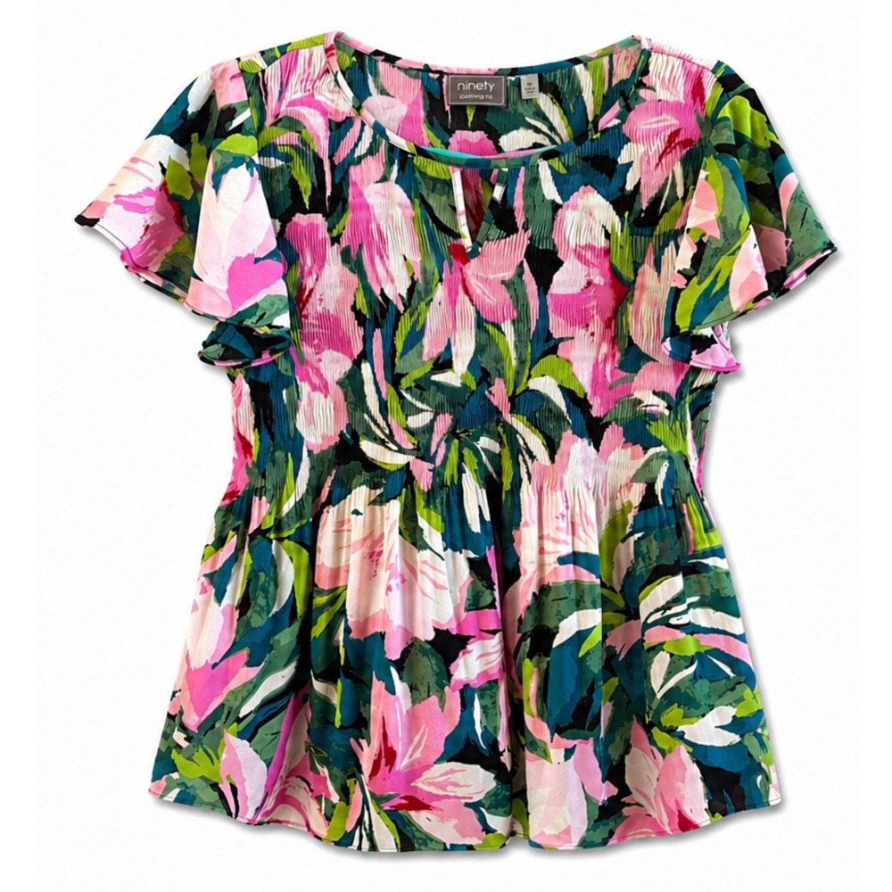 Ninety Clothing Co Floral Plisse Babydoll Blouse Pink Green Blue Keyhole Medium